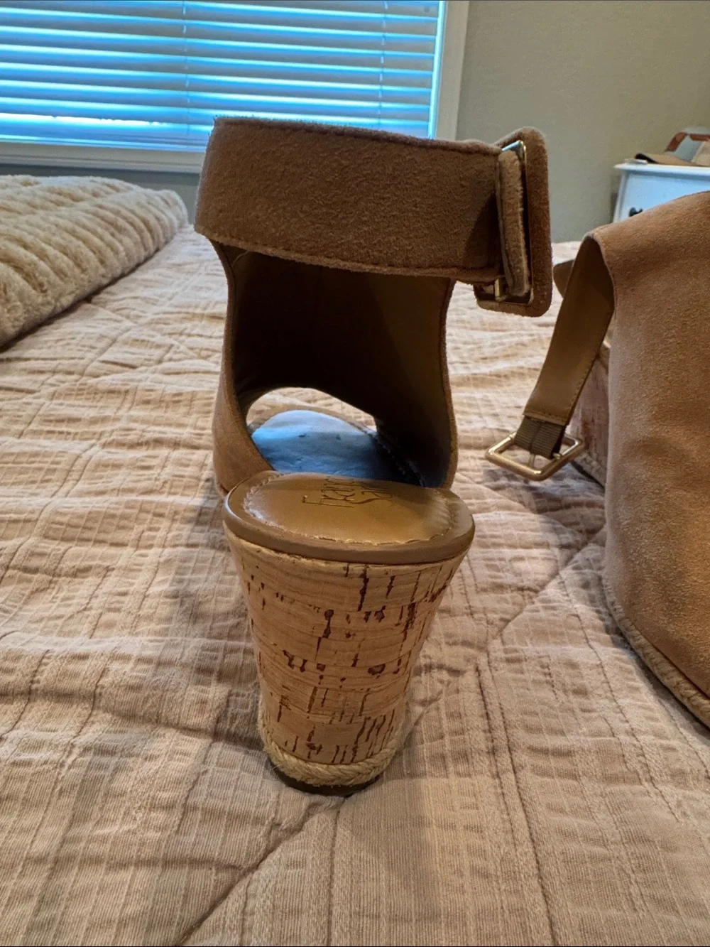 Franco Sarto Tan Suede Open-Toe Wedge